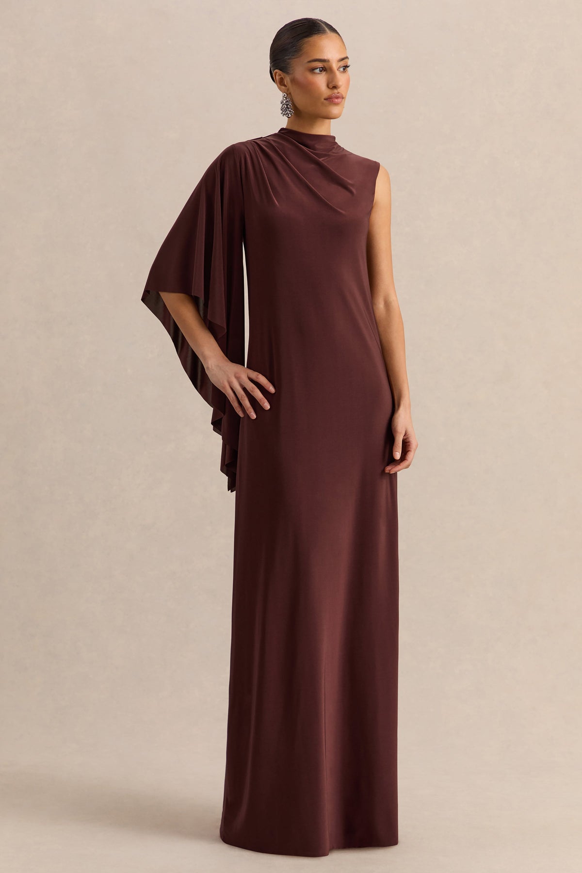 Marosia | Brown High-Neck Maxi Dress With Cape Sleeve