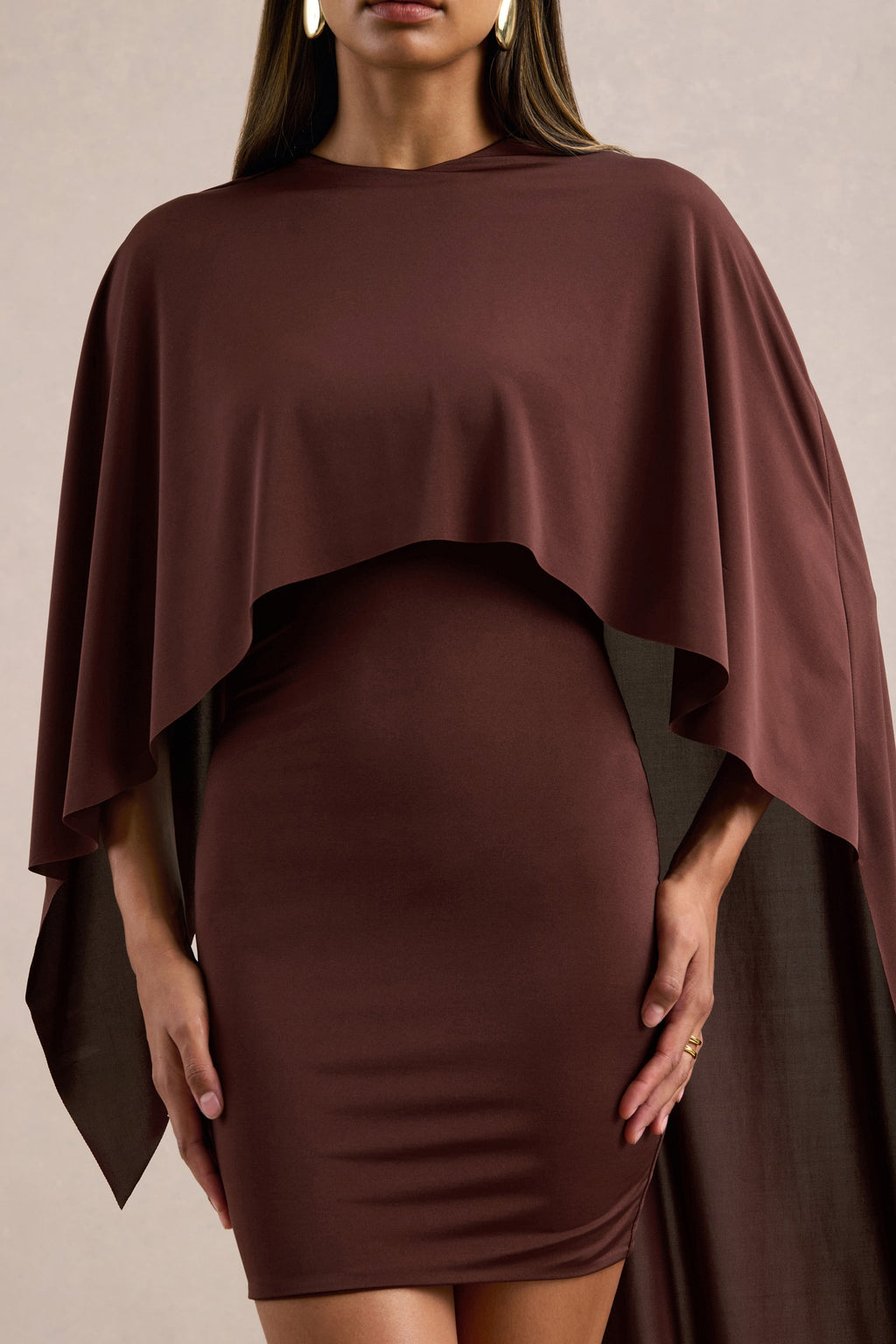 Lilura | Brown Jersey Round Neck Long Sleeve Mini Dress With Cape
