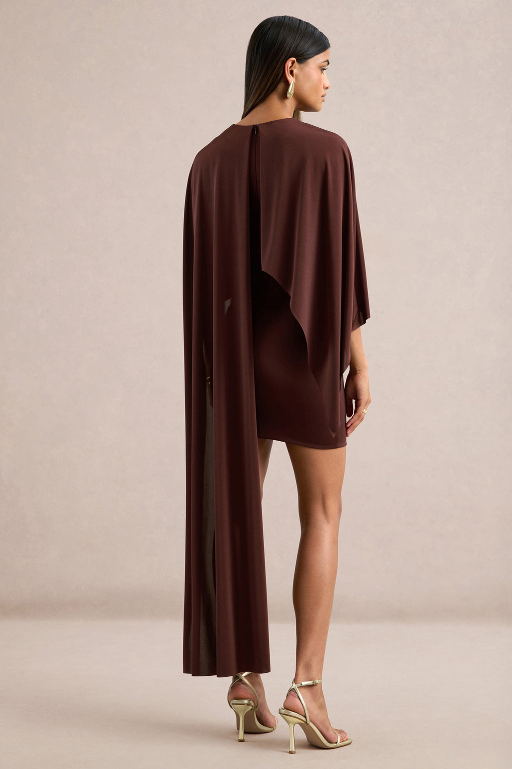 Lilura | Brown Jersey Round Neck Long Sleeve Mini Dress With Cape