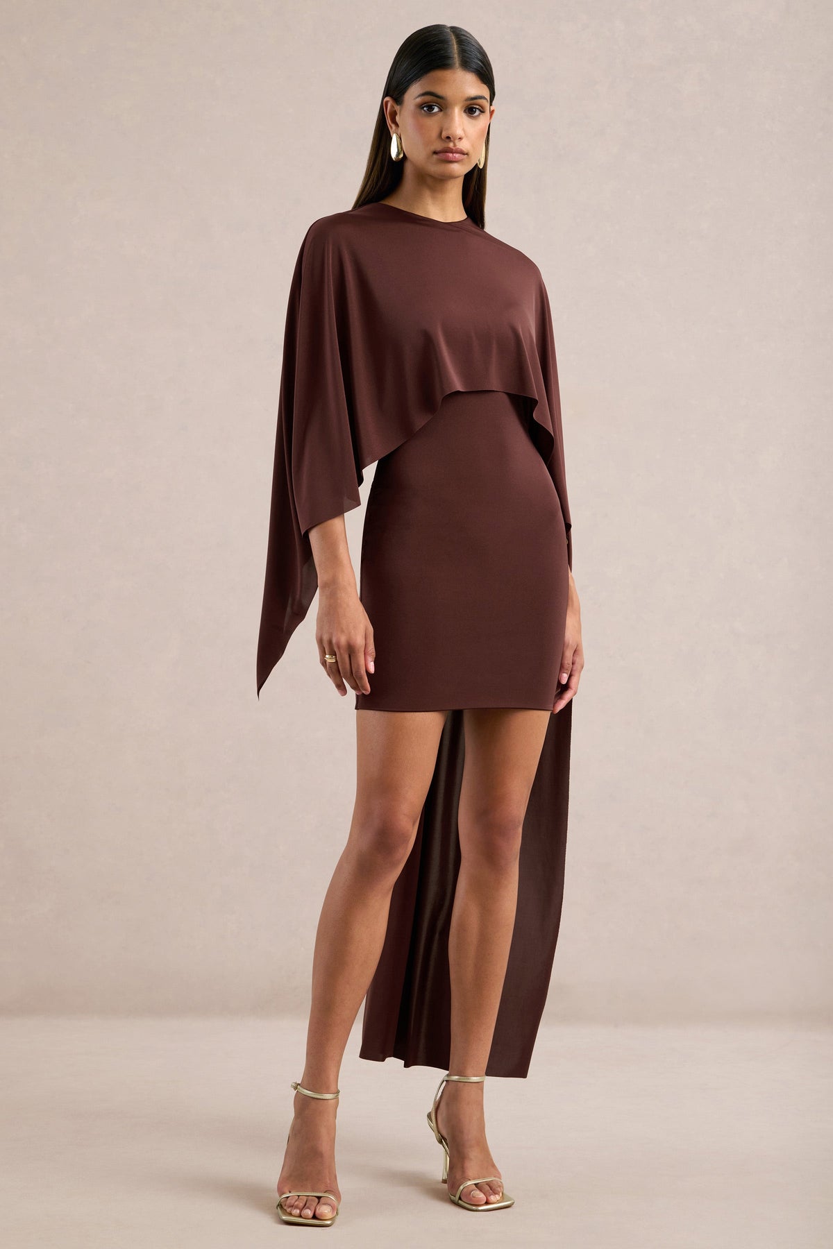 Lilura | Brown Jersey Round Neck Long Sleeve Mini Dress With Cape