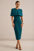 Celandia | Teal Round Neck Midi Dress With Detachable Cape And Back Split
