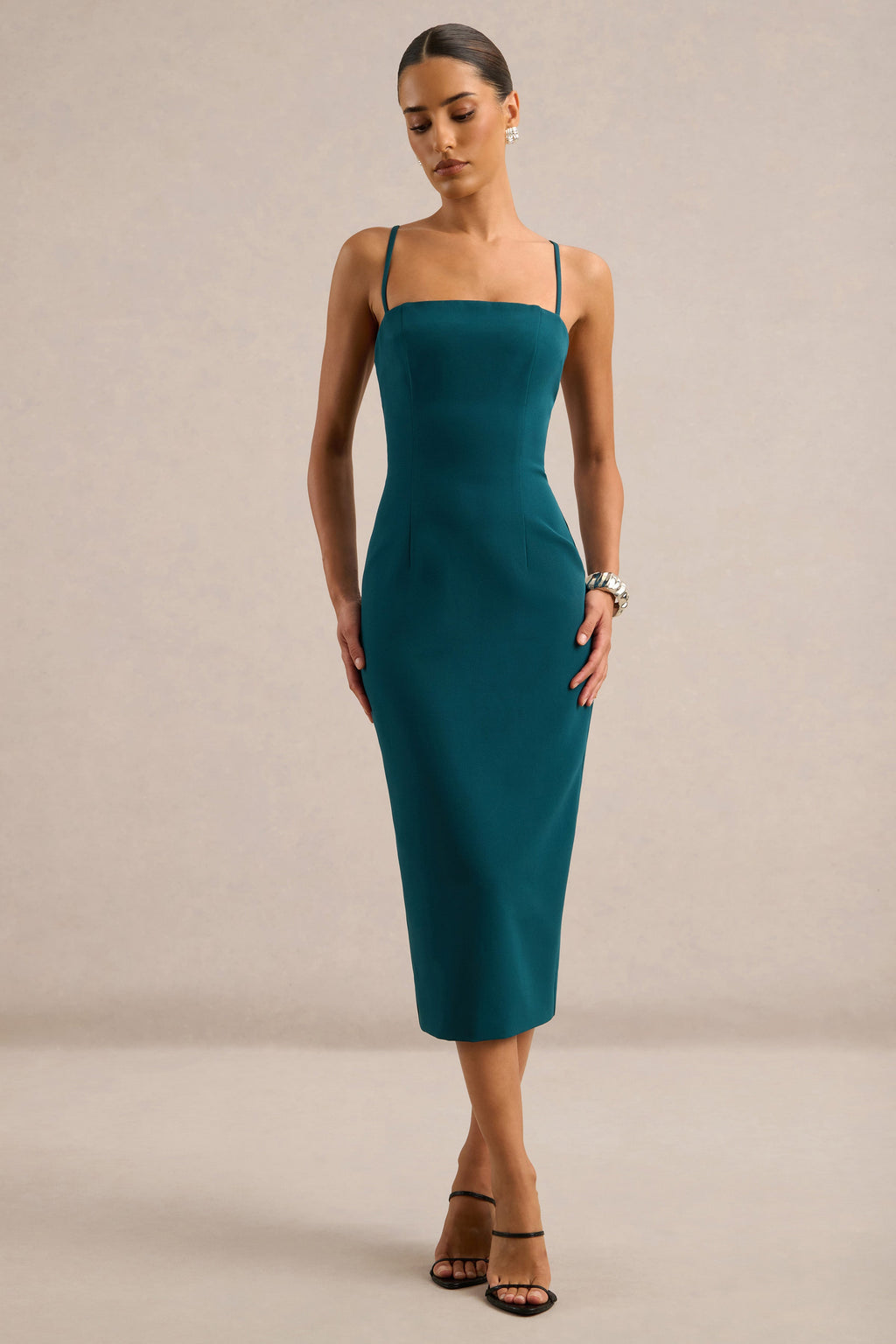 Celandia | Teal Round Neck Midi Dress With Detachable Cape And Back Split