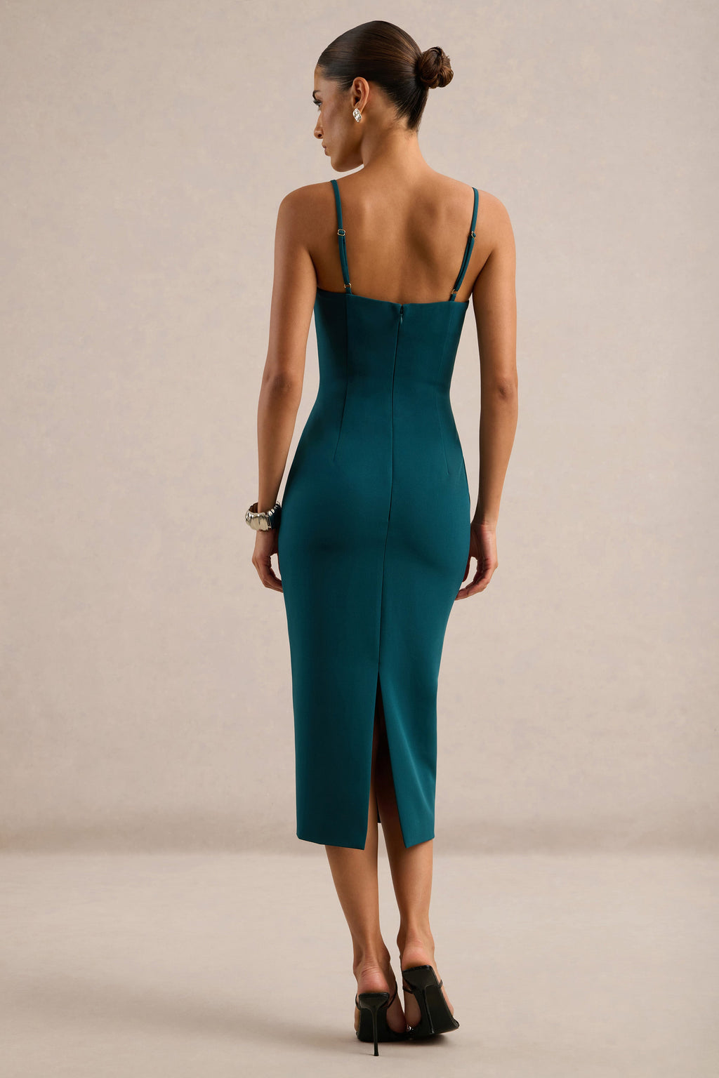 Celandia | Teal Round Neck Midi Dress With Detachable Cape And Back Split