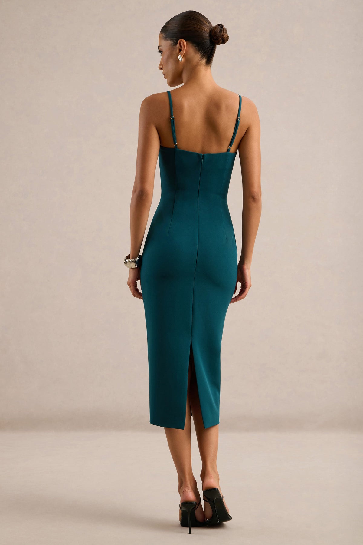 Celandia | Teal Round Neck Midi Dress With Detachable Cape And Back Split