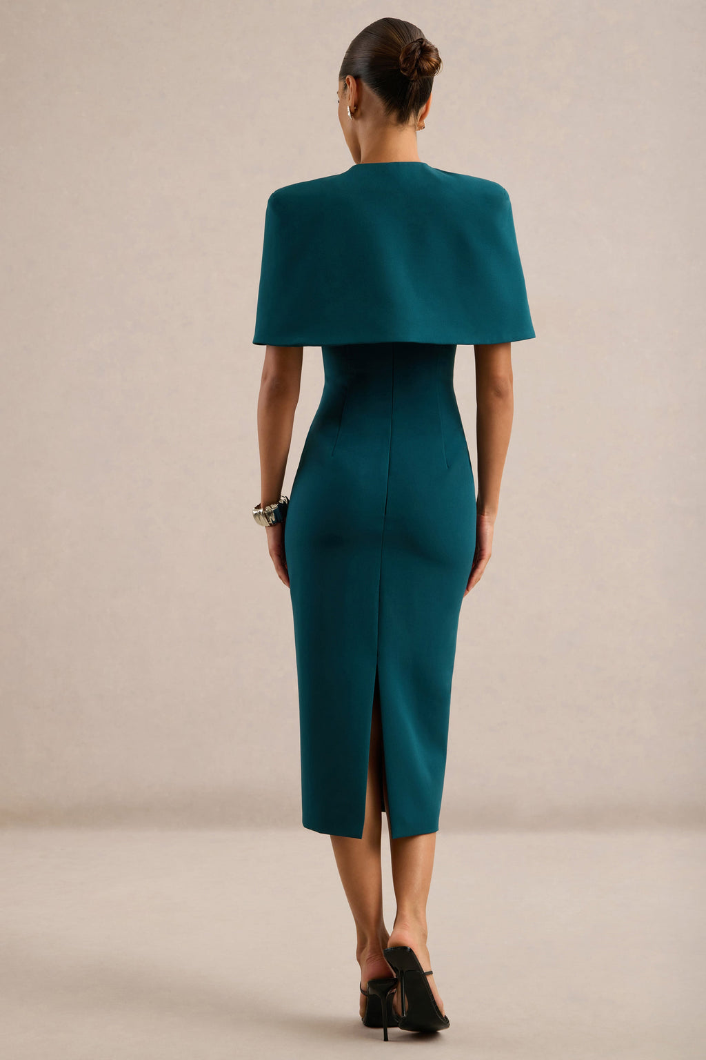 Celandia | Teal Round Neck Midi Dress With Detachable Cape And Back Split