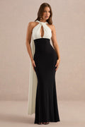 Cassina | Monochrome Jersey Twist Halter Maxi Dress With Back Cape And Chest Cut Out