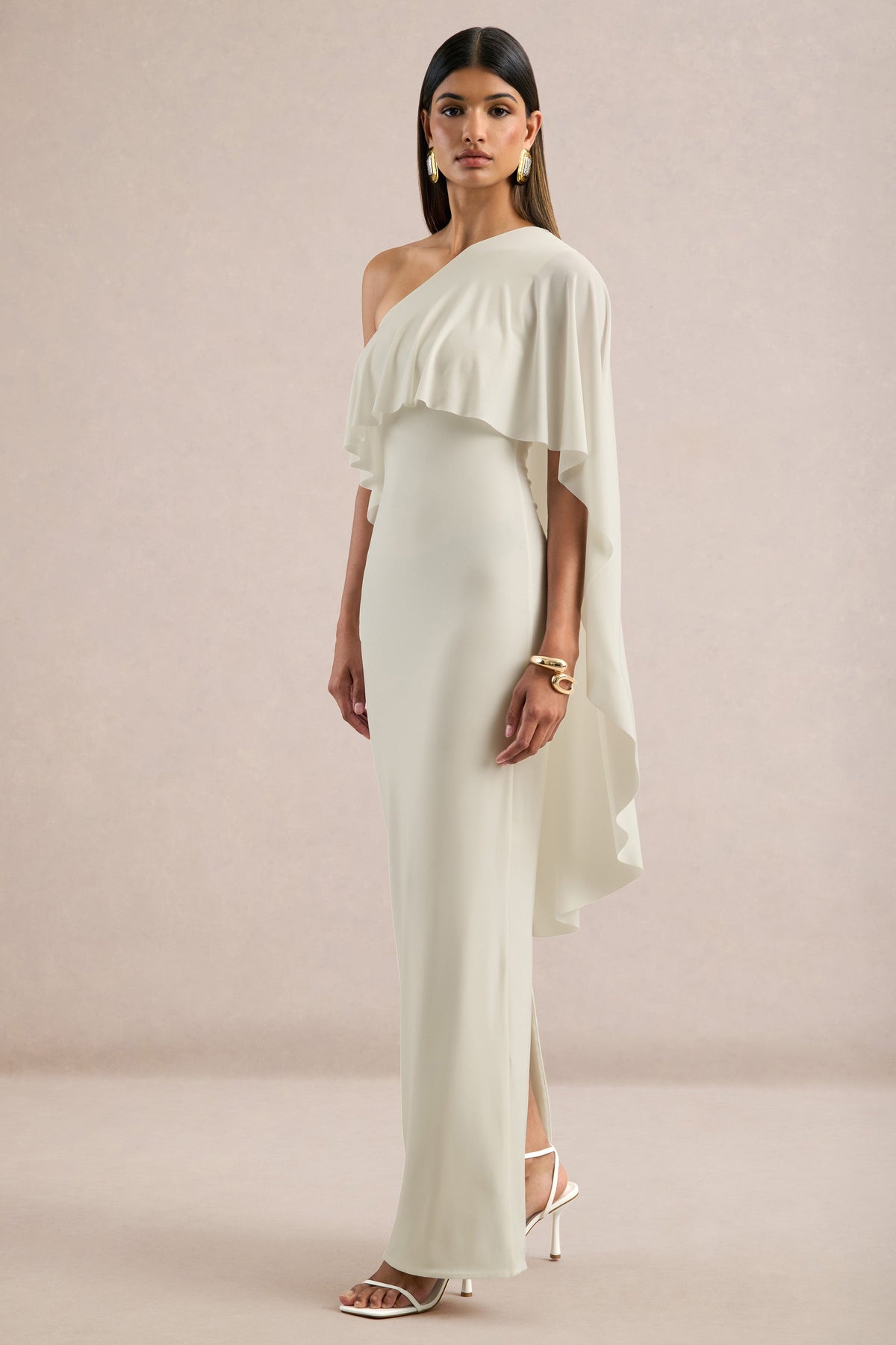 Ciarra | White Jersey One Shoulder Maxi Dress With Cape Sleeve