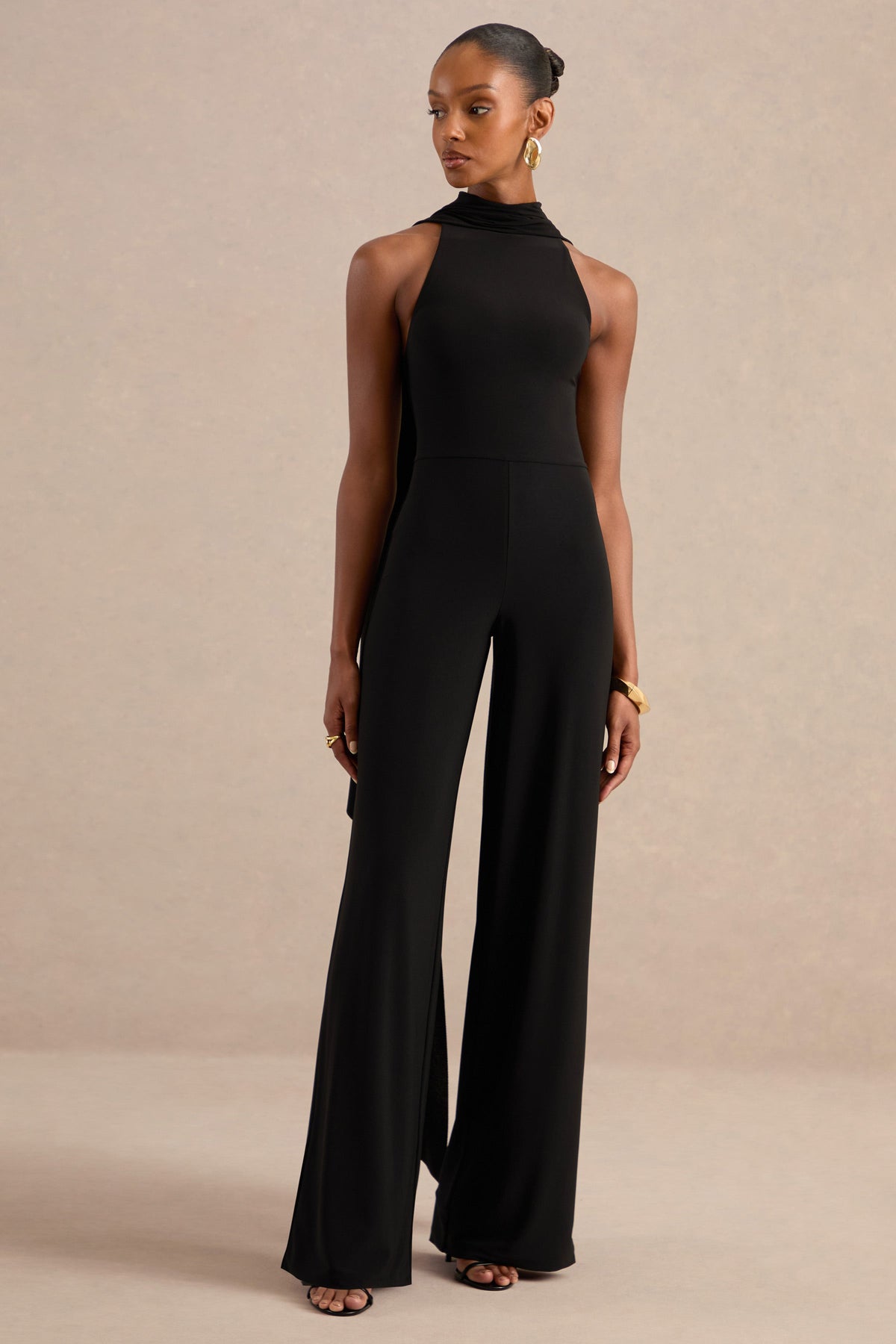 Cybelle | Black Jersey High Neck Jumpsuit With Cape Sleeves