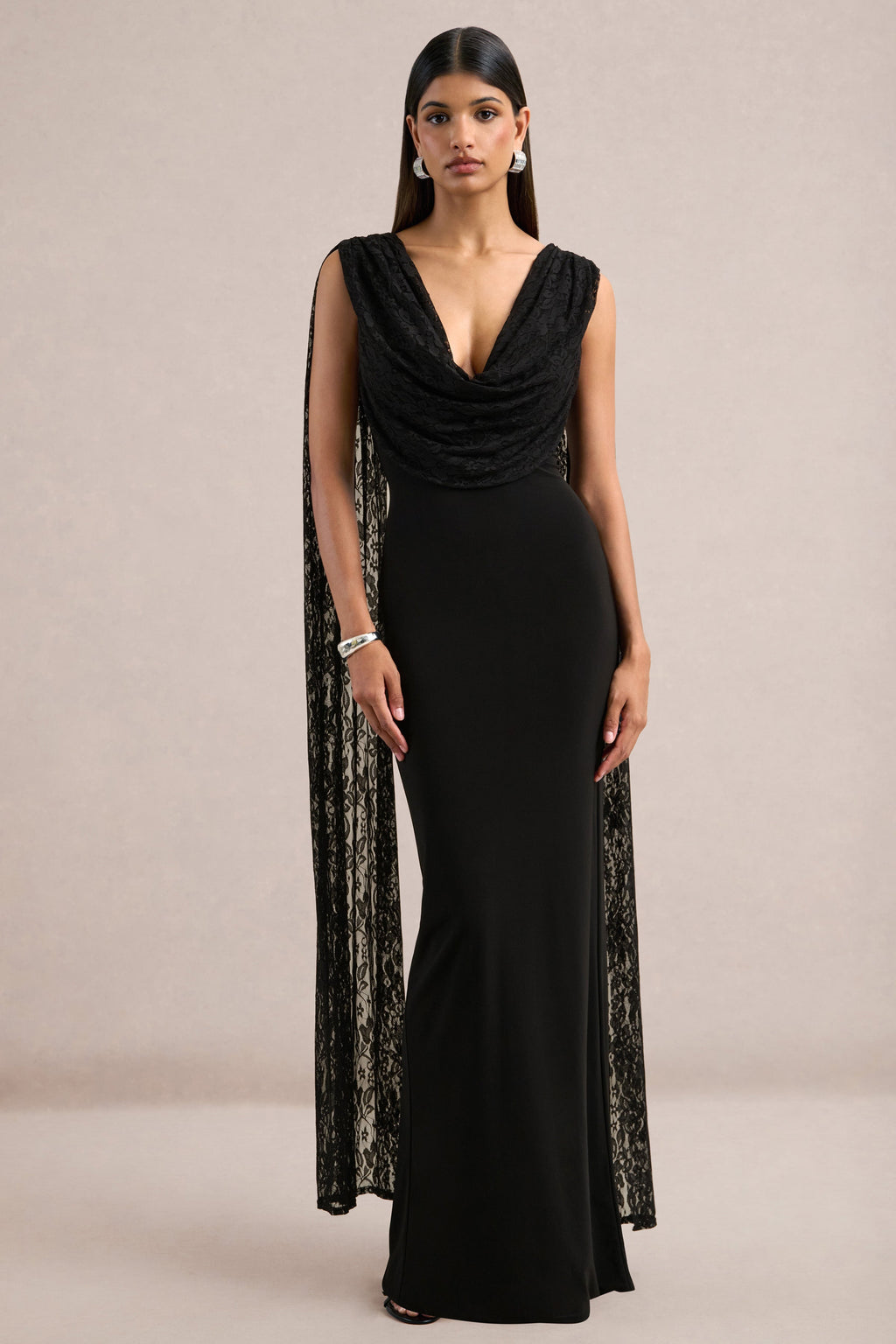 Eliette | Black Jersey Ruched V Neck Maxi Dress With Draped Detailing And Lace Cape
