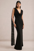 Eliette | Black Jersey Ruched V Neck Maxi Dress With Draped Detailing And Lace Cape
