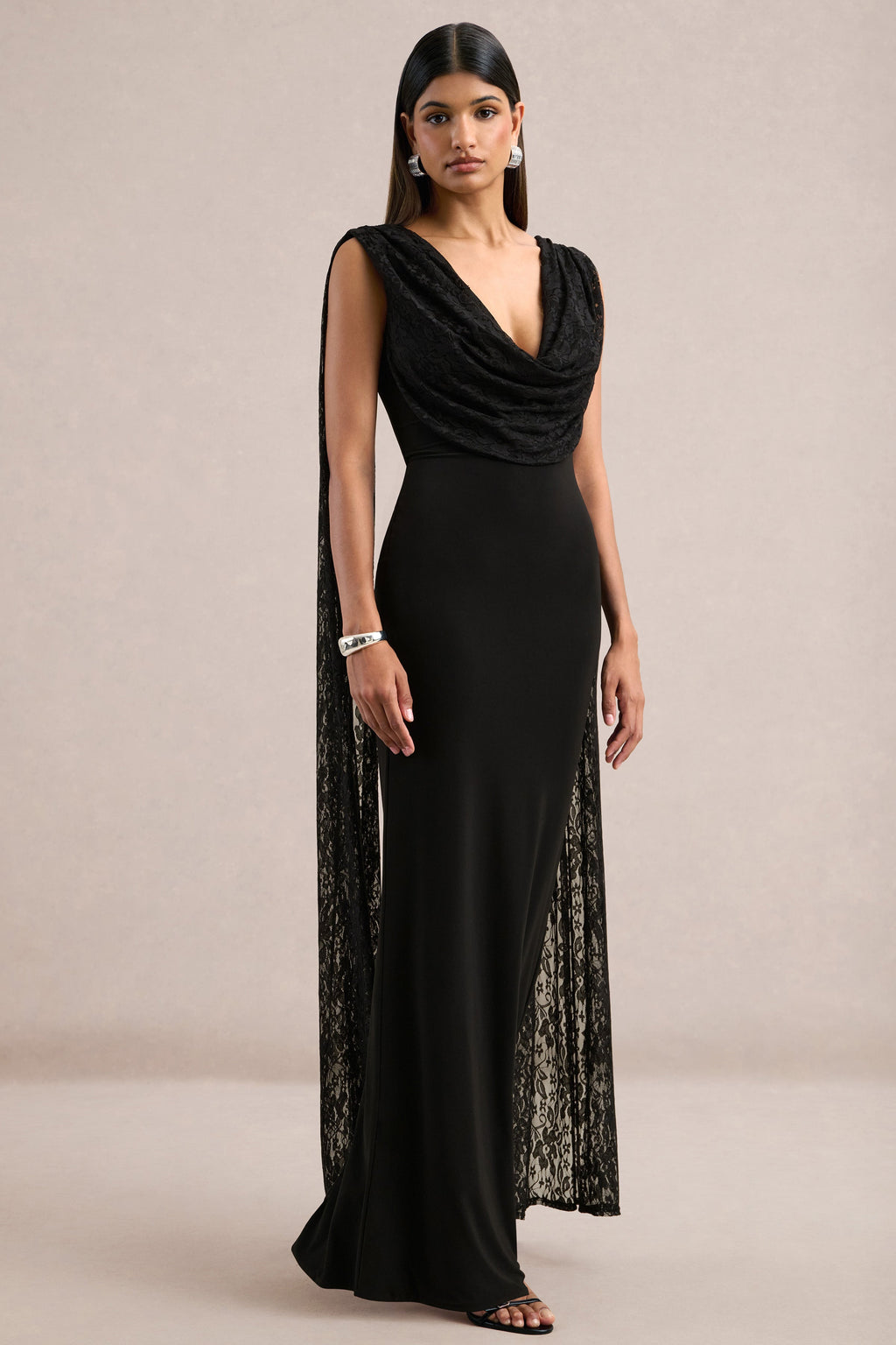 Eliette | Black Jersey Ruched V Neck Maxi Dress With Draped Detailing And Lace Cape