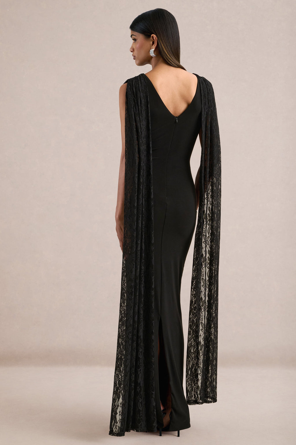 Eliette | Black Jersey Ruched V Neck Maxi Dress With Draped Detailing And Lace Cape