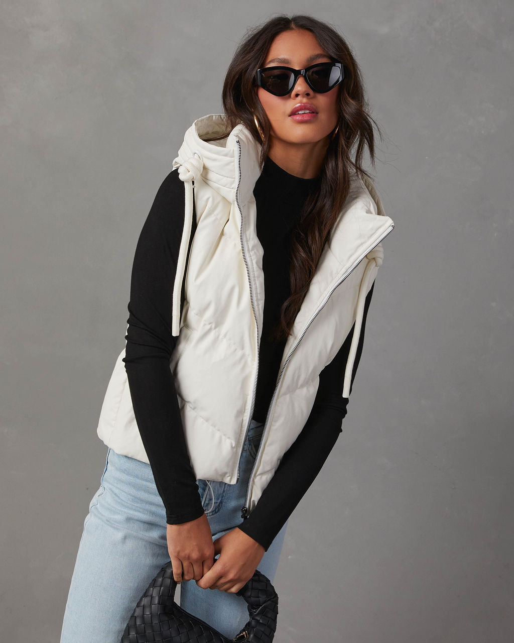 Shelton Pocketed Hooded Faux Leather Puffer Vest