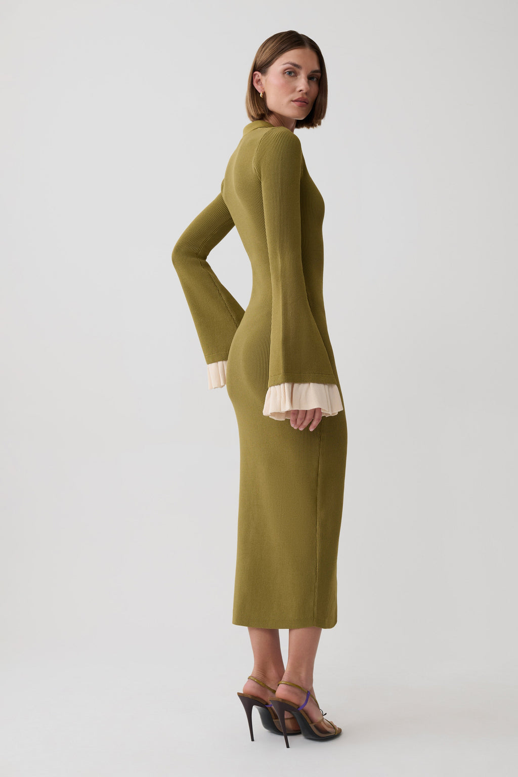 Amirose Ruffle Knit Midi Dress - Olive