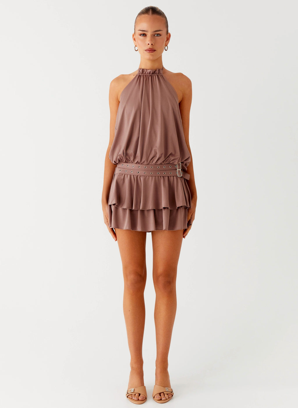 Dopamine Belt Mini Dress - Taupe