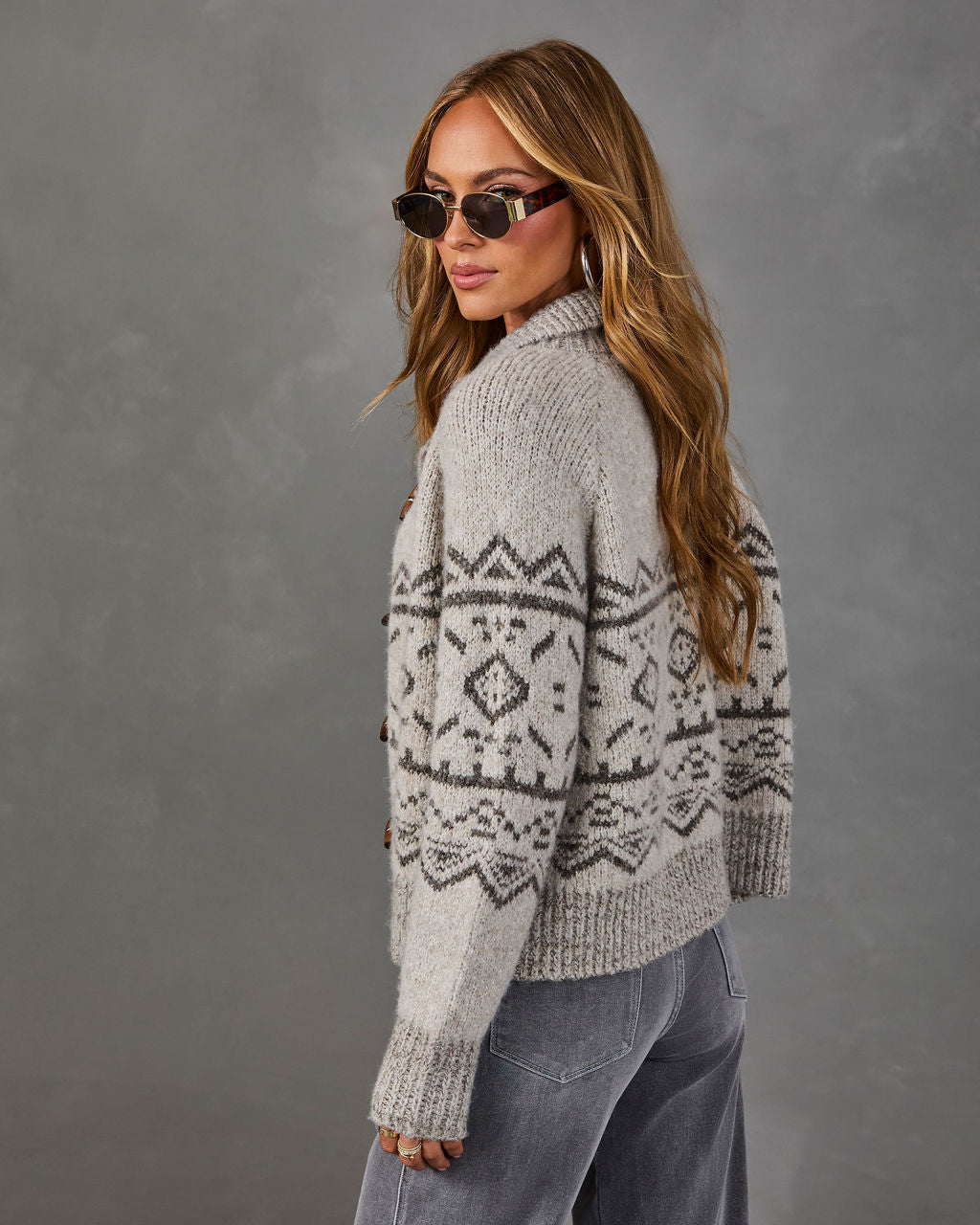 Cozy Welcome Knit Fair Isle Mock Neck Cardigan
