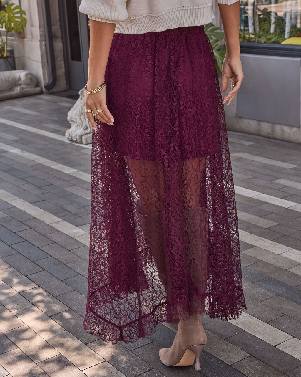 Mulled Wine Lace Midi Skirt
