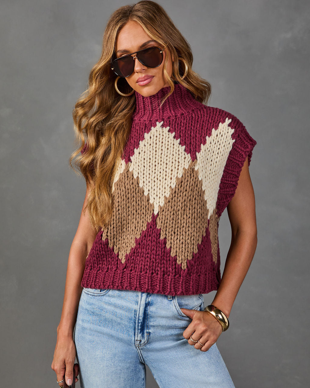 Levvey Turtleneck Argyle Print Sweater