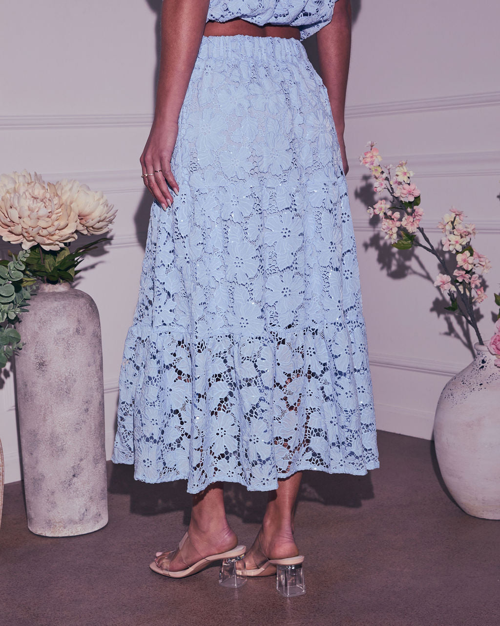 Morning Dew Floral Lace Midi Skirt