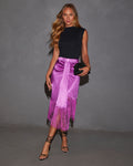 Soleni Satin Fringe Hem Midi Skirt