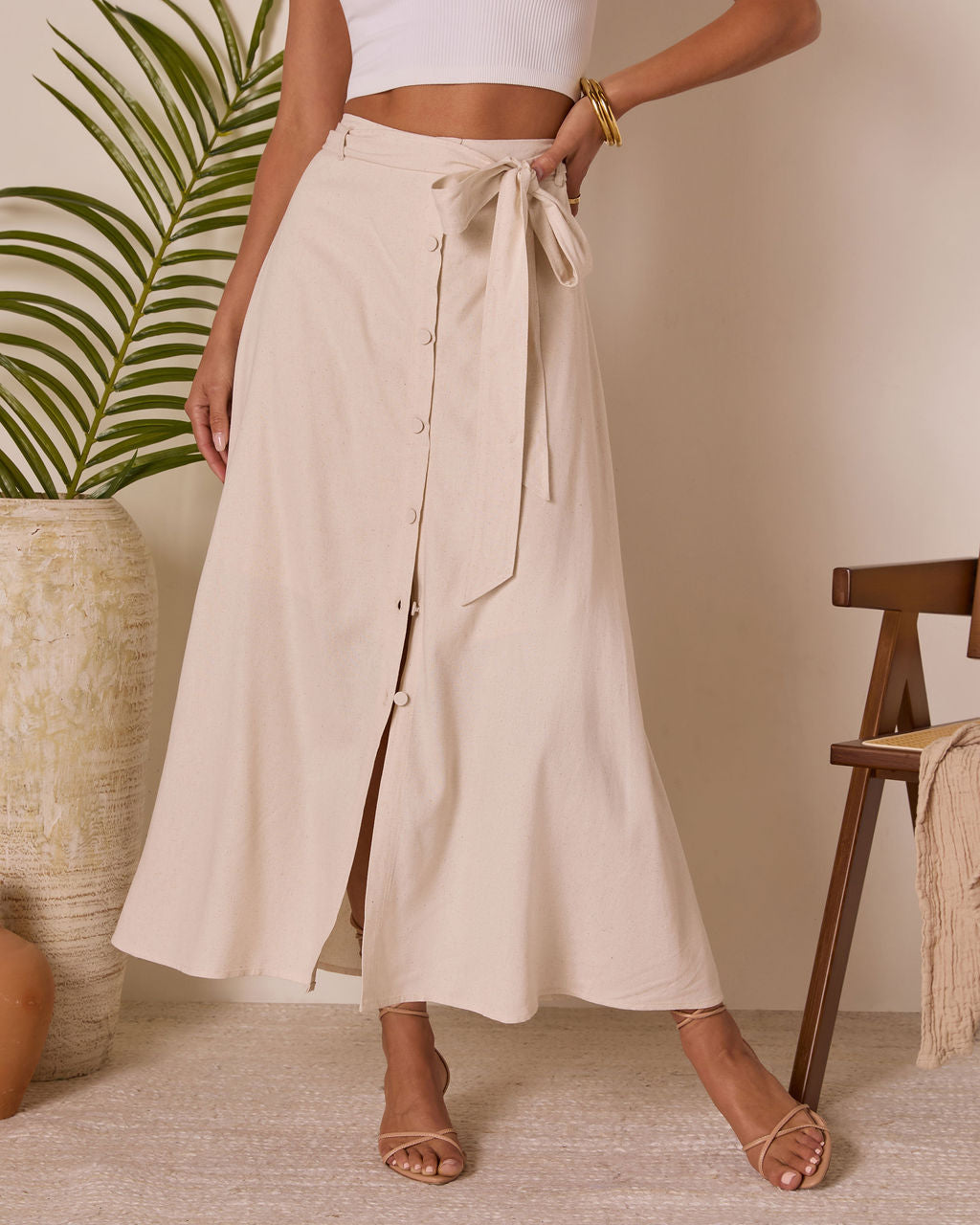 Silken Breeze Waist Tie Midi Skirt