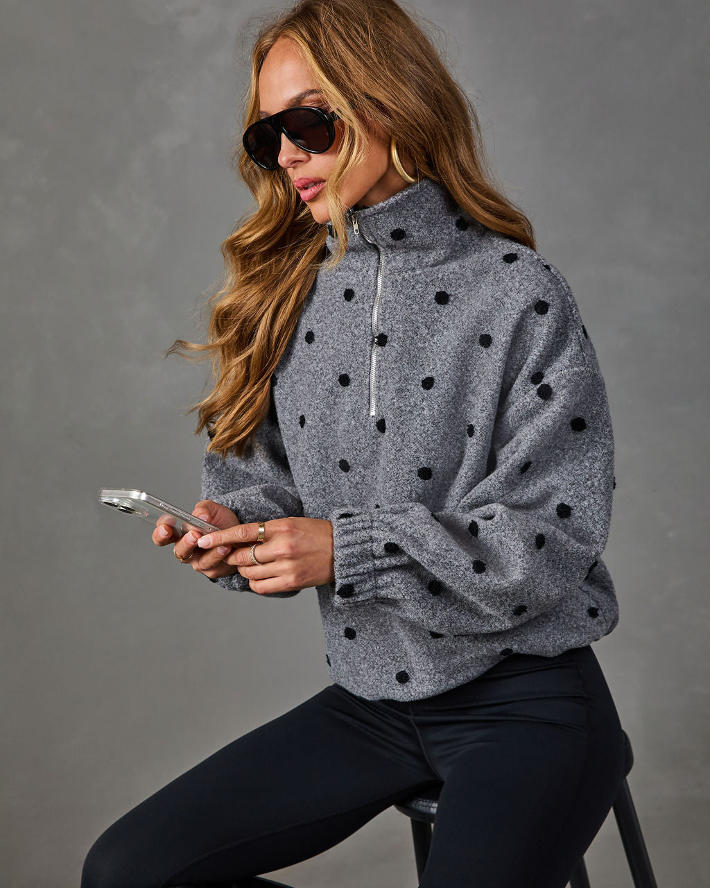 Darling Theory Knit Polka Dot Quarter Zip Sweater