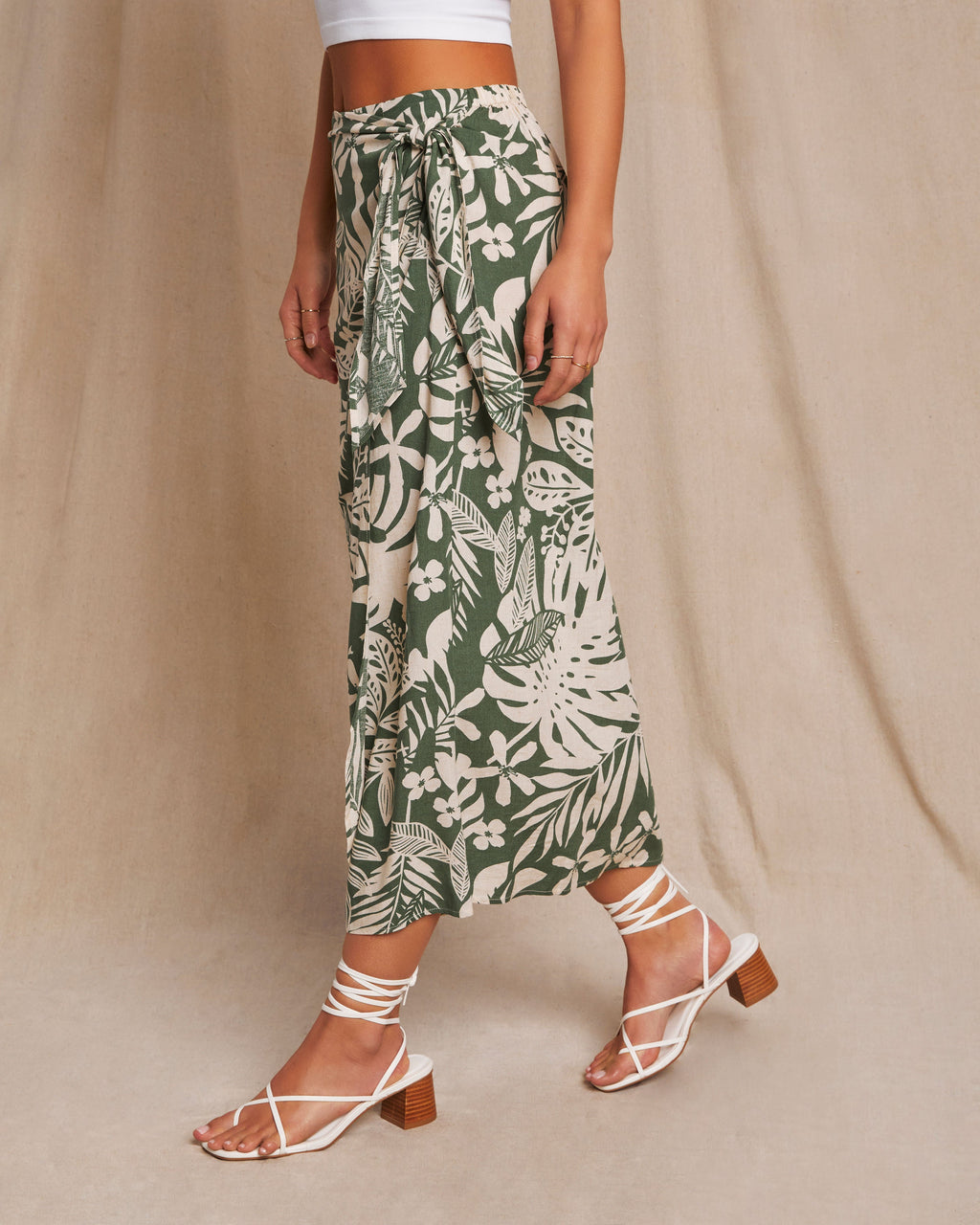 Kaanapali Linen Blend Tropical Print Wrap Midi Skirt