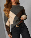 Smoky Cedar Contrast Argyle Print Crew Neck Sweater