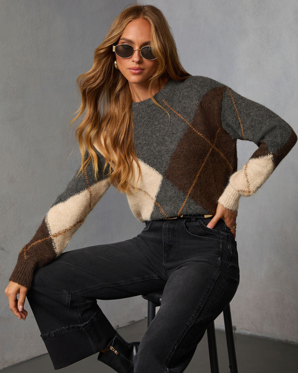 Smoky Cedar Contrast Argyle Print Crew Neck Sweater