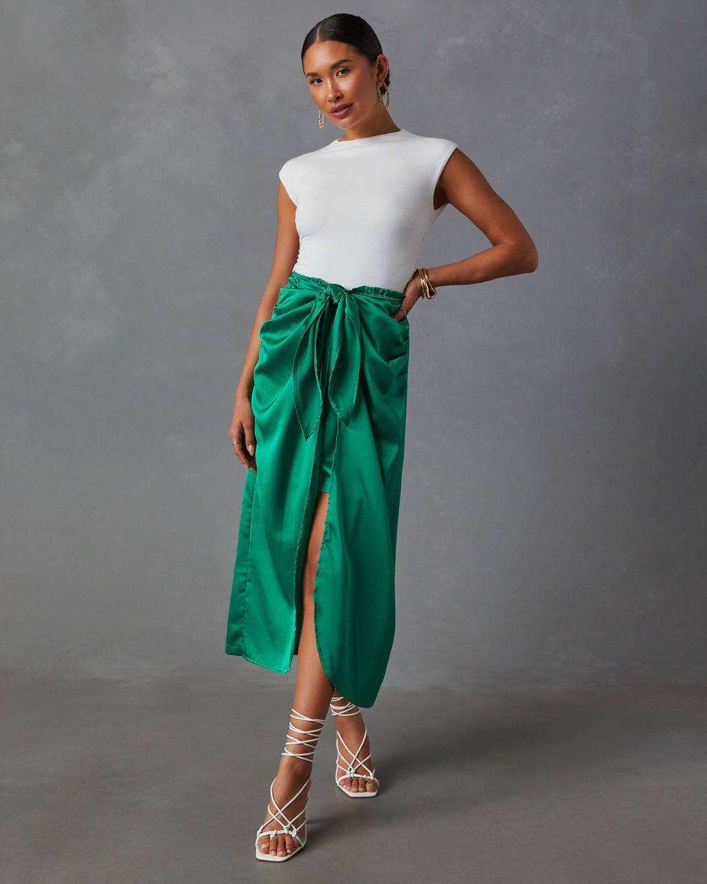 Tea Time Satin Bow-Tie Midi Skirt