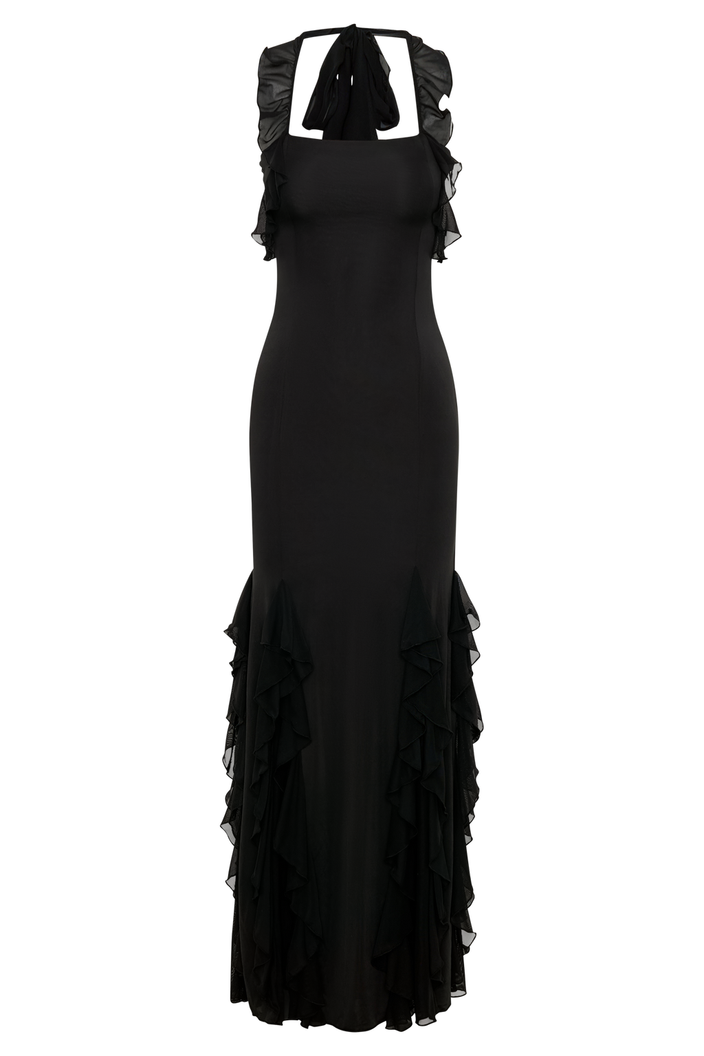 Etta Ruffle Slinky Maxi Dress - Black