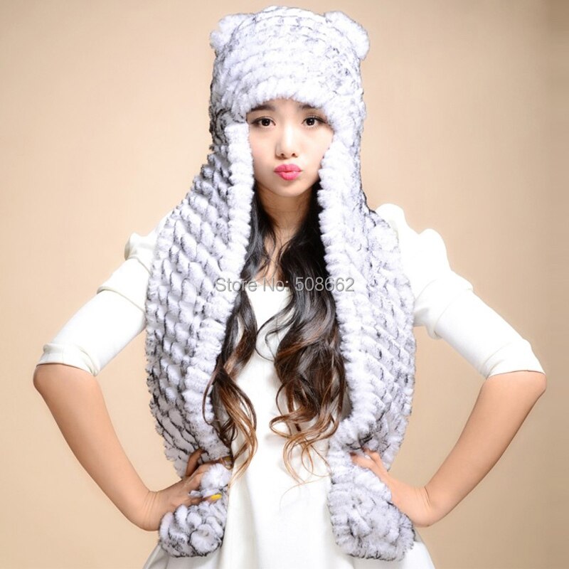 Winter Hats for Women with Ear Flaps Knitted Real REX Rabbit Fur Hat Multi-used Scarf Glove Cute Beanie Winter Fur Cap Headgear Head Warmer Headdress FS14611