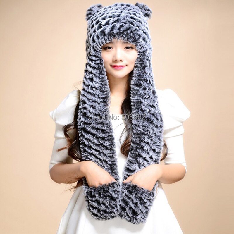 Winter Hats for Women with Ear Flaps Knitted Real REX Rabbit Fur Hat Multi-used Scarf Glove Cute Beanie Winter Fur Cap Headgear Head Warmer Headdress FS14611