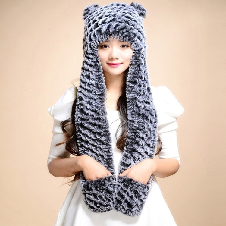 Winter Hats for Women with Ear Flaps Knitted Real REX Rabbit Fur Hat Multi-used Scarf Glove Cute Beanie Winter Fur Cap Headgear Head Warmer Headdress FS14611