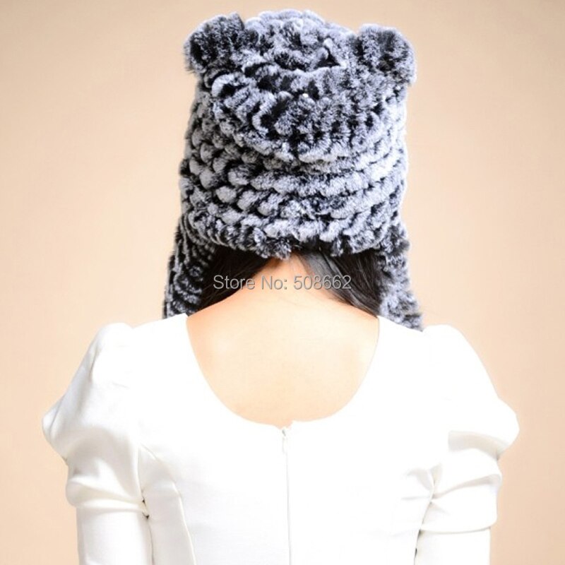 Winter Hats for Women with Ear Flaps Knitted Real REX Rabbit Fur Hat Multi-used Scarf Glove Cute Beanie Winter Fur Cap Headgear Head Warmer Headdress FS14611