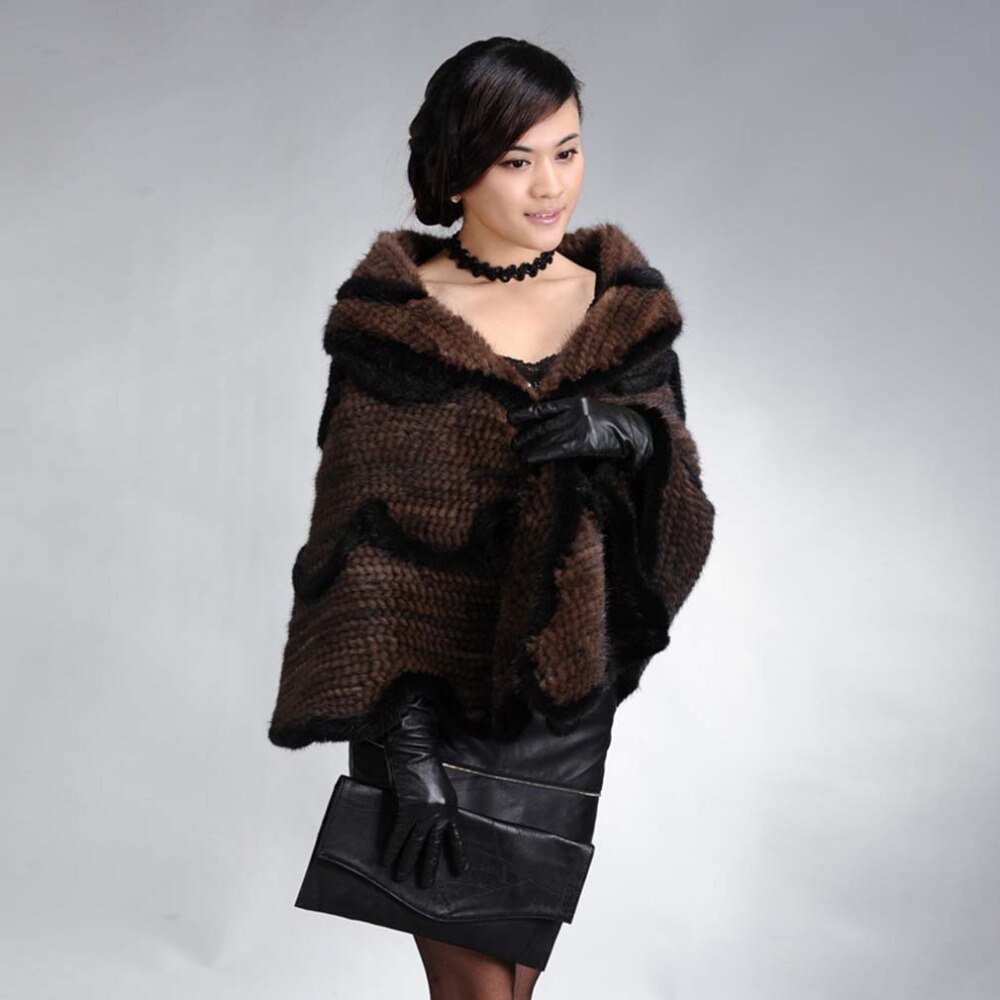 Womens Real Mink Fur Knitted Warm Shawl Natural Fur Poncho 16720