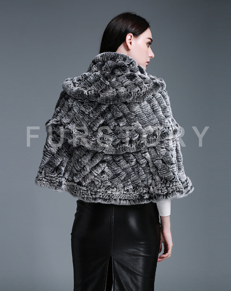 FUR STORY Real Knitted rabbit fur cloaks Womens shawl poncho stole cape wrap 070124