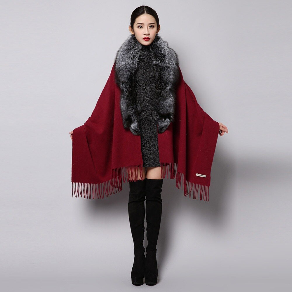 Fashion Cashmere Shawl with Big Fox Collar Natural Fur Poncho 15727