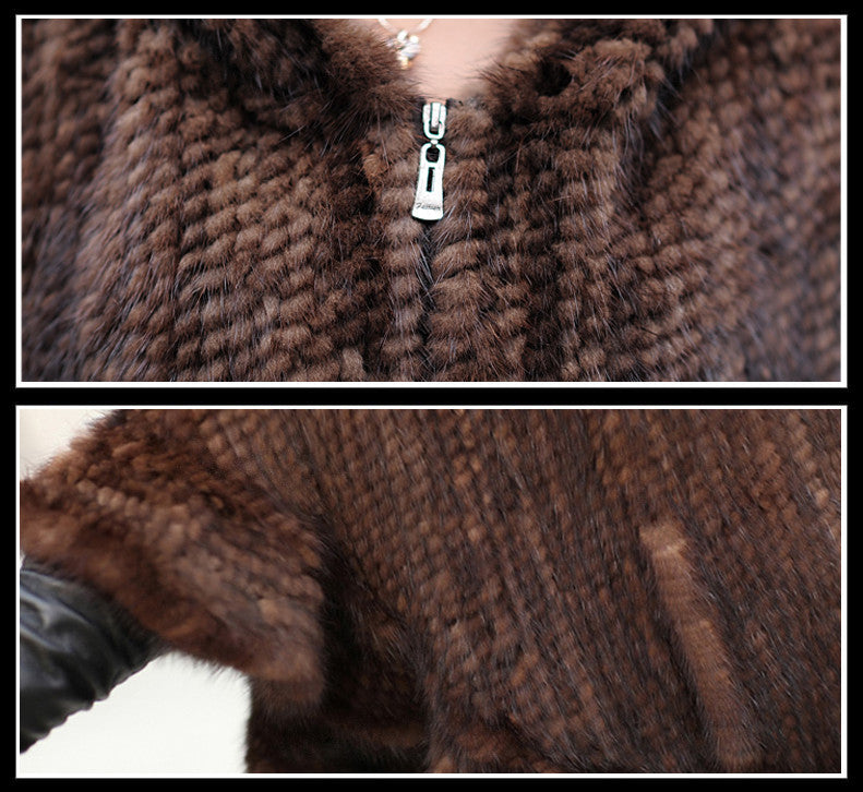FUR STORY Womens Knitted Mink Fur Shawl Real Fur Scarf Natural Mink Poncho Coat 070304