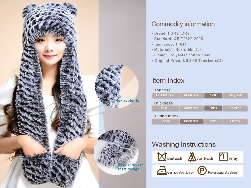 Winter Hats for Women with Ear Flaps Knitted Real REX Rabbit Fur Hat Multi-used Scarf Glove Cute Beanie Winter Fur Cap Headgear Head Warmer Headdress FS14611