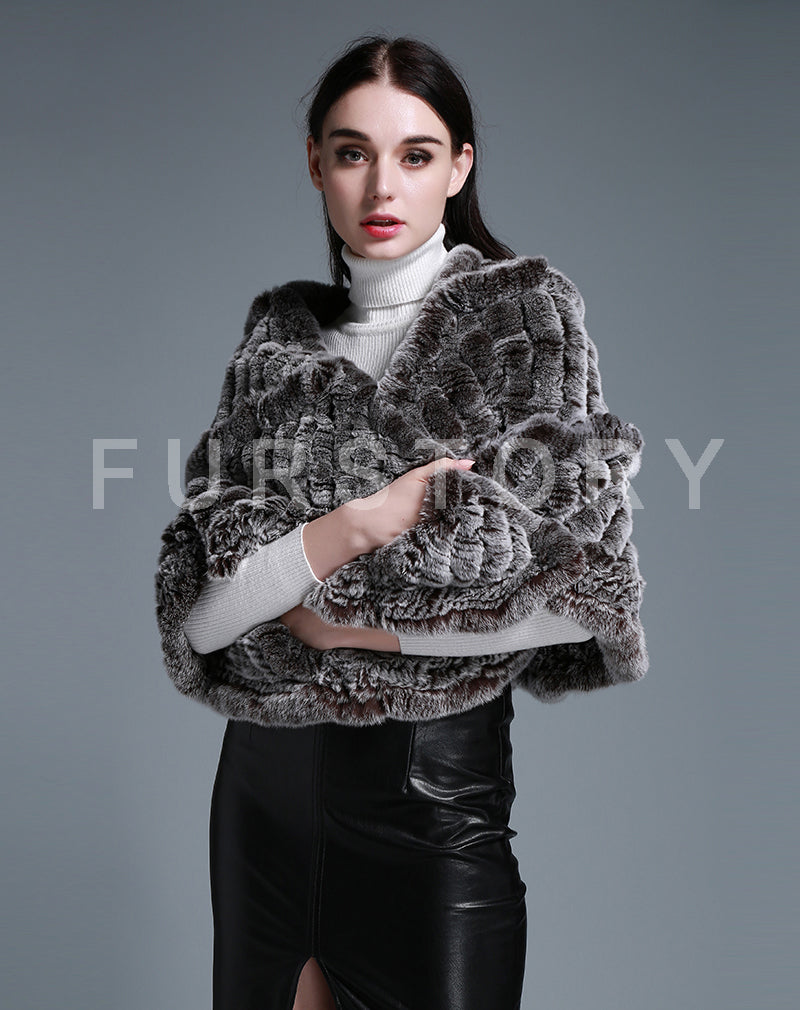 FUR STORY Real Knitted rabbit fur cloaks Womens shawl poncho stole cape wrap 070124
