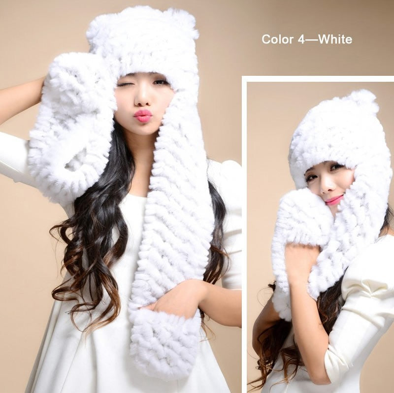 Winter Hats for Women with Ear Flaps Knitted Real REX Rabbit Fur Hat Multi-used Scarf Glove Cute Beanie Winter Fur Cap Headgear Head Warmer Headdress FS14611