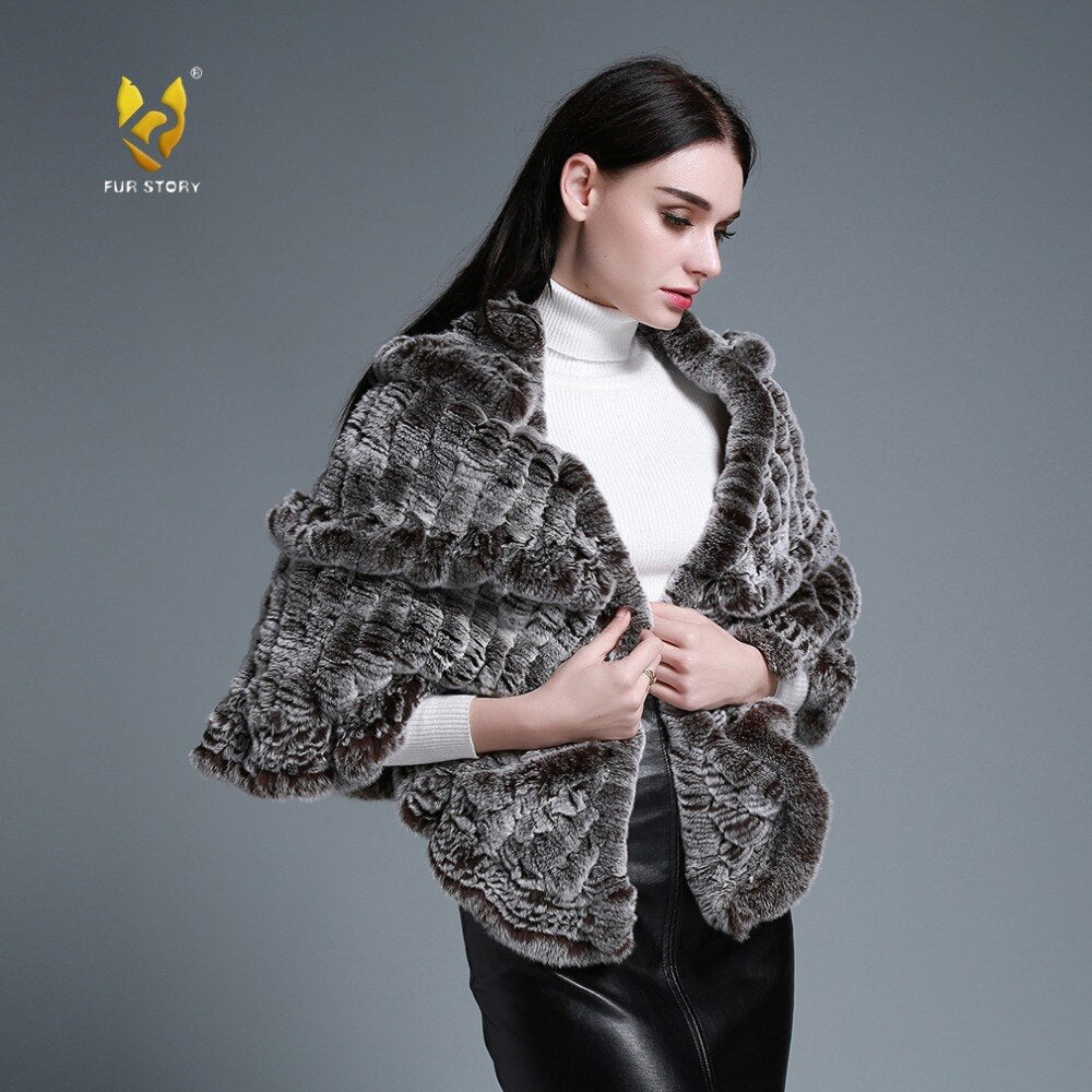 FUR STORY Real Knitted rabbit fur cloaks Womens shawl poncho stole cape wrap 070124
