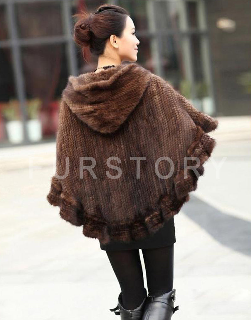FUR STORY Womens Knitted Mink Fur Shawl Real Fur Scarf Natural Mink Poncho Coat 070304