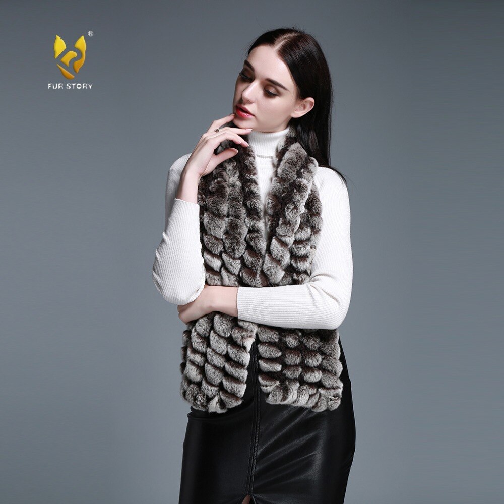 FUR STORY Real Rex Rabbit Fur knitting Scarf Neck Warmer Scarves Shawl Poncho Stole luxury fur scarf lady scarf 050102