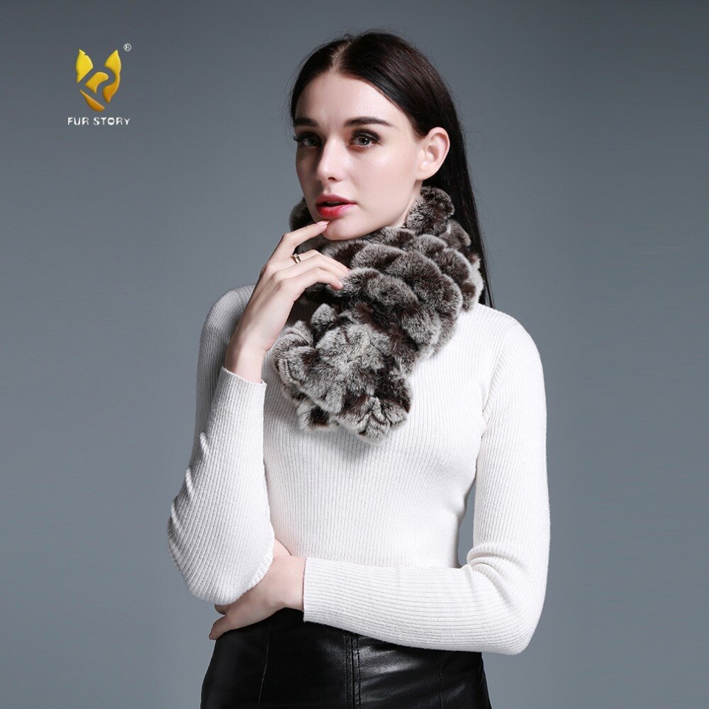 FUR STORY Real Rex Rabbit Fur knitting Scarf Neck Warmer Scarves Shawl Poncho Stole luxury fur scarf lady scarf 050102