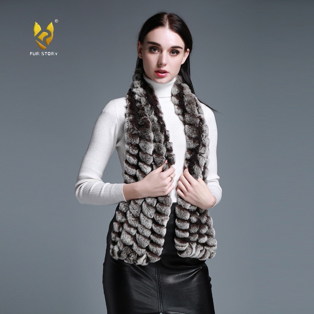 FUR STORY Real Rex Rabbit Fur knitting Scarf Neck Warmer Scarves Shawl Poncho Stole luxury fur scarf lady scarf 050102