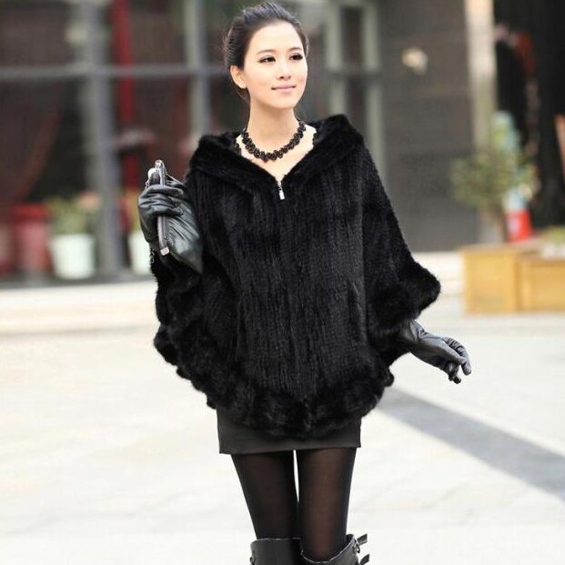FUR STORY Womens Knitted Mink Fur Shawl Real Fur Scarf Natural Mink Poncho Coat 070304
