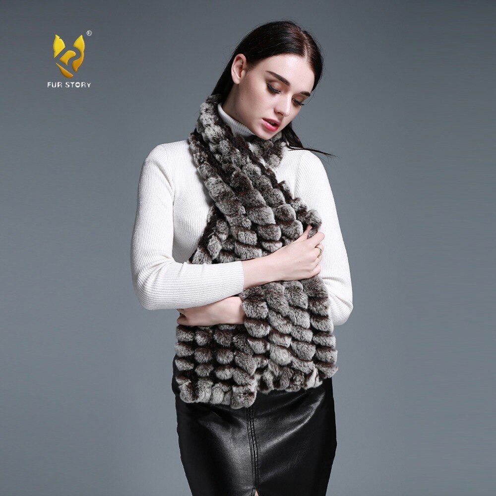 FUR STORY Real Rex Rabbit Fur knitting Scarf Neck Warmer Scarves Shawl Poncho Stole luxury fur scarf lady scarf 050102