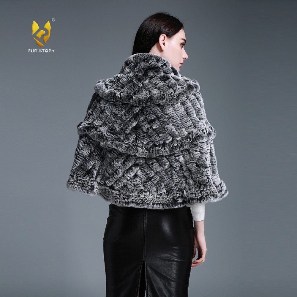 FUR STORY Real Knitted rabbit fur cloaks Womens shawl poncho stole cape wrap 070124